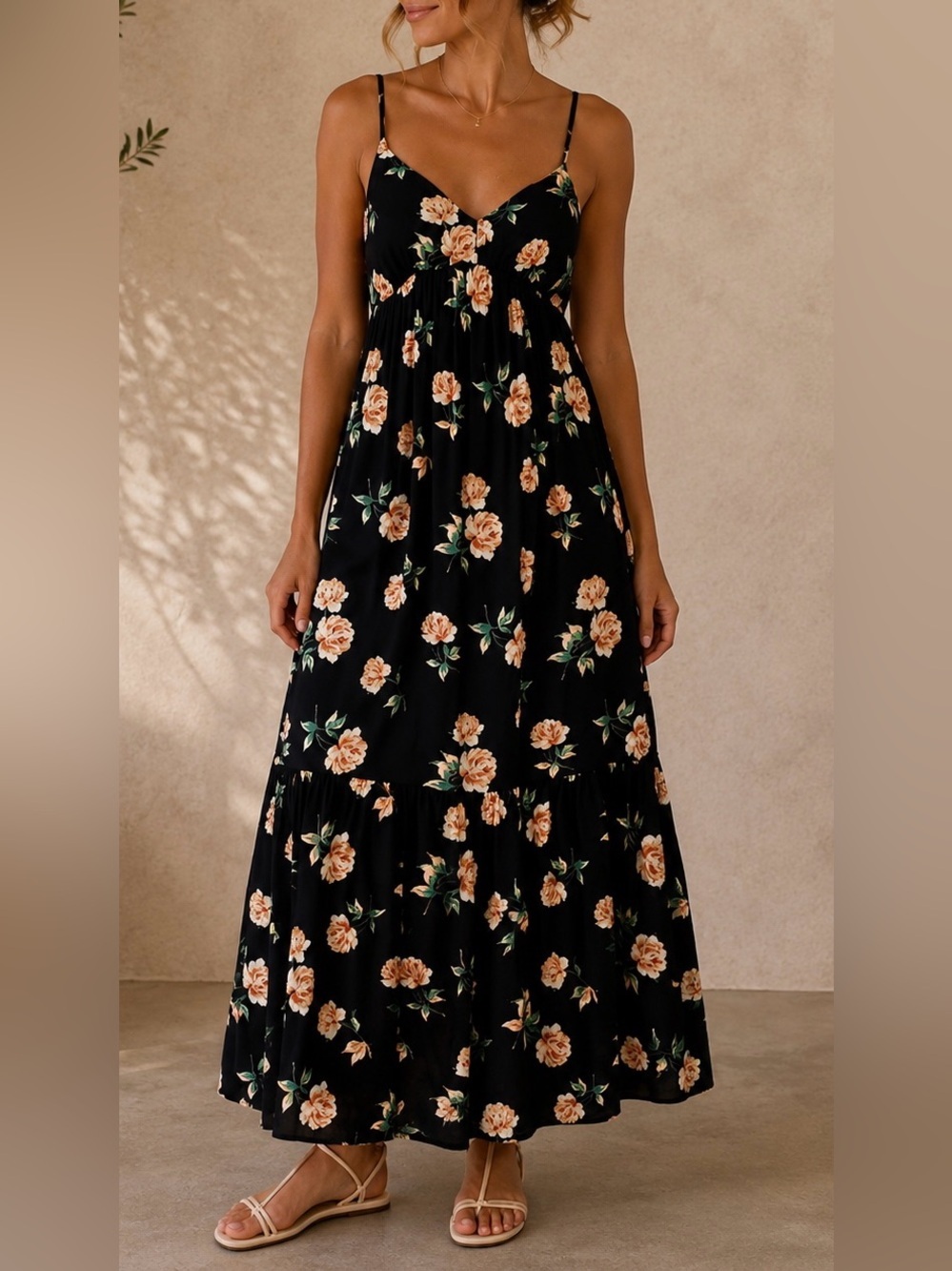 Old Navy Floral Maxi Dress Small Black Rose Print with pockets Adjustable Strap
